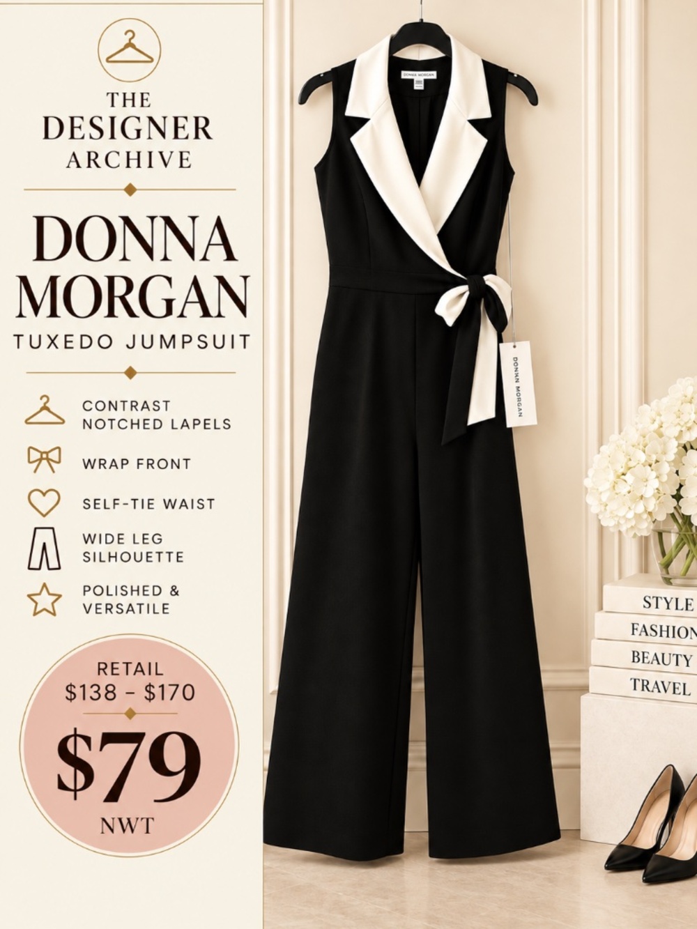 Donna Morgan NWT Black Ivory Tuxedo Wide Leg Jumpsuit Size 8